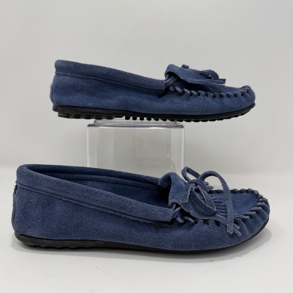 Minnetonka Kilty Suede Moccasins Womens 7 Blue Fringed Loafer Flats 409‎